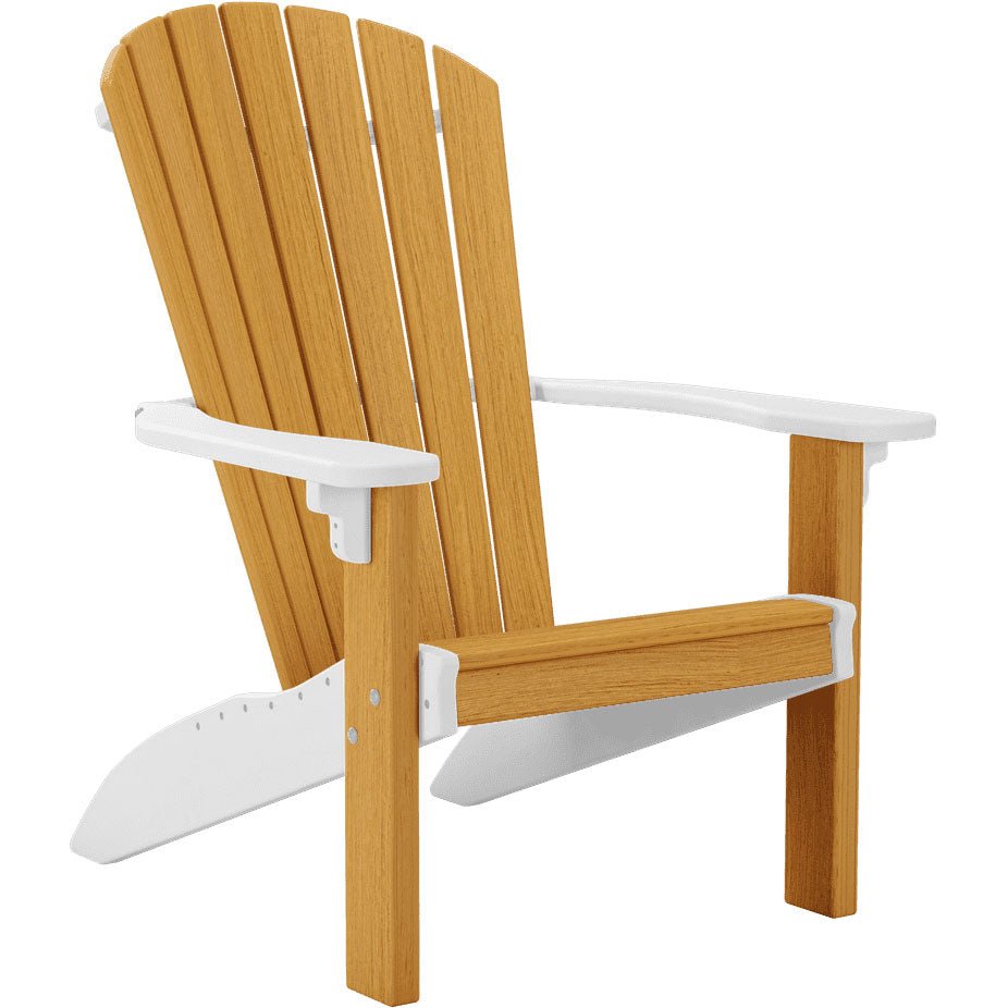 Teak poly Adirondack patio chair with crisp white arms, trim and legs against a white background