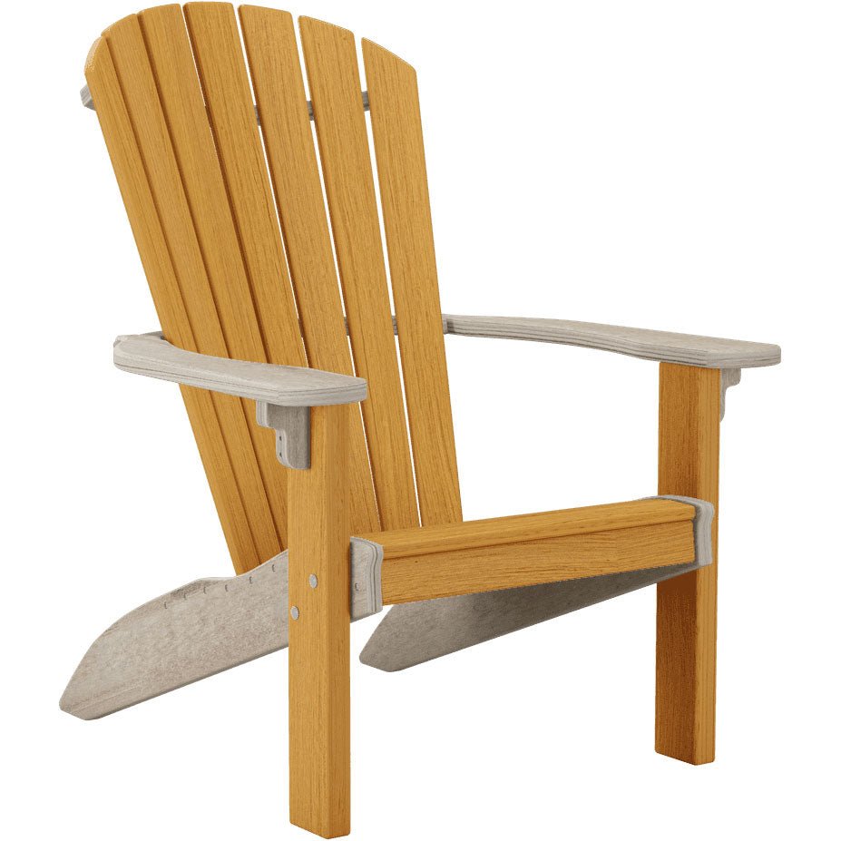 Natural teak colored poly Adirondack chair with a fan slat back and contoured seat on a sandy beach