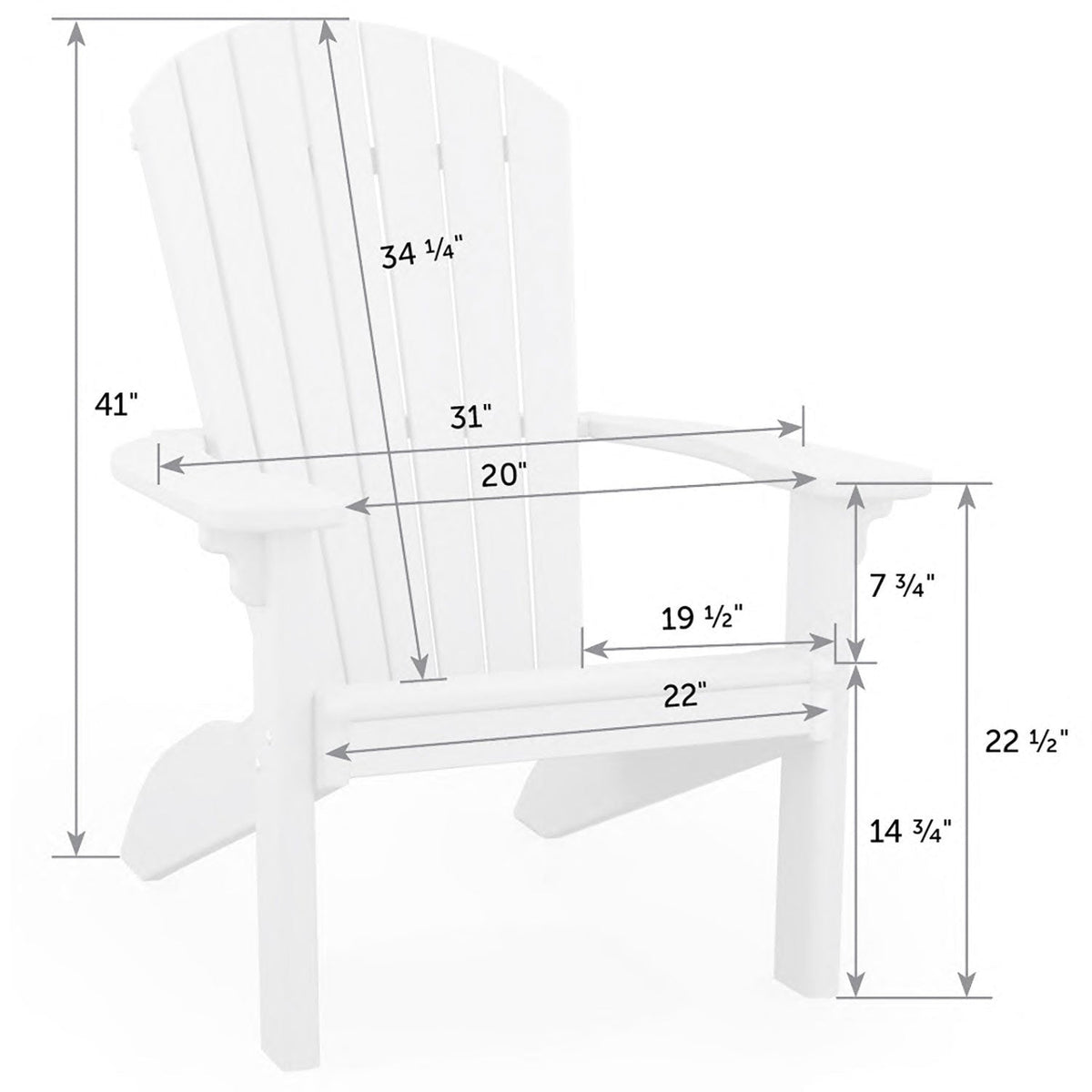 Dimension diagram of the Adirondack chair: 41 inch height, 31 inch arm width and 22 and a half inch depth