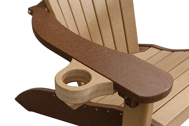 Close-up of the Adirondack chair's wide brown arm rest with an inset round poly cup holder