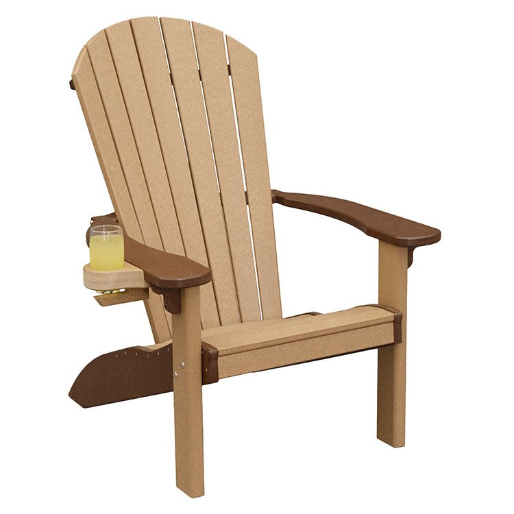 Cedar and brown two tone poly Adirondack chair with a built-in arm cup holder holding a drink