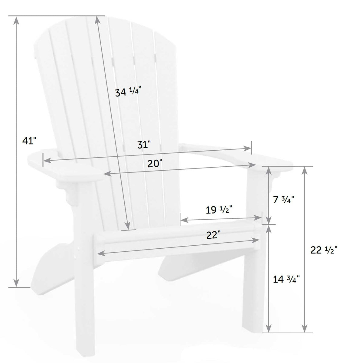 Adirondack chair measurement diagram with a 41 inch back, 34 inch seat back and 14.75 inch seat height