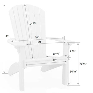 Adirondack chair measurement diagram with a 41 inch back, 34 inch seat back and 14.75 inch seat height