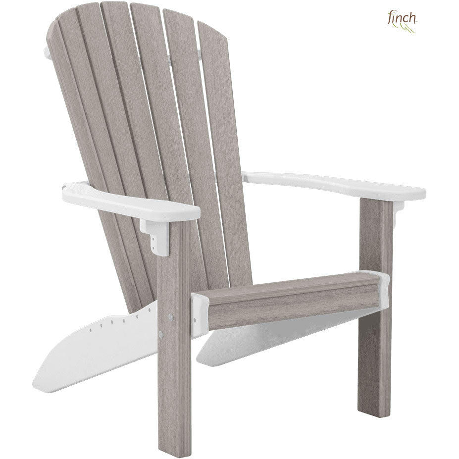 Driftwood gray poly Adirondack chair with crisp white arms, legs and trim on a white background