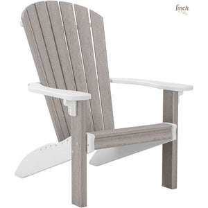 Driftwood gray poly Adirondack chair with crisp white arms, legs and trim on a white background