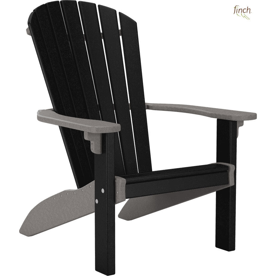 Black poly Adirondack chair with gray arms and accent trim, showing the curved fan back and deep seat