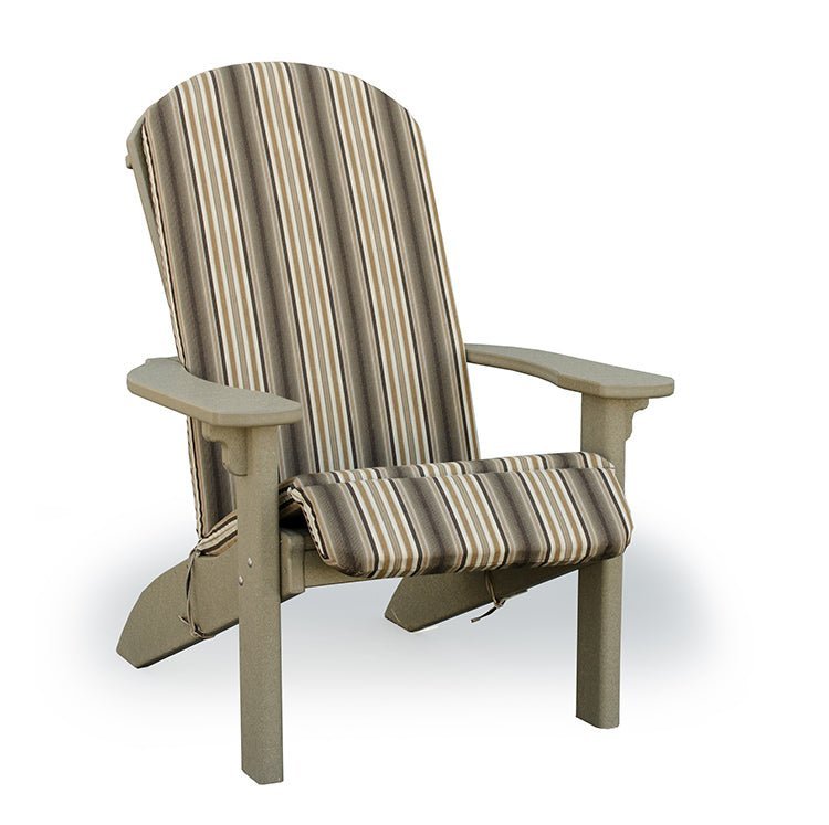 Weatherwood poly Adirondack chair fitted with a full brown striped seat and back cushion pad