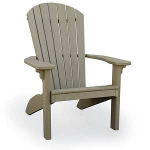 Weatherwood colored poly Adirondack chair with a fan slat back and gently sloped seat on white