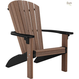 Mahogany brown poly Adirondack chair with black arms and trim, wide slats and a contoured seat