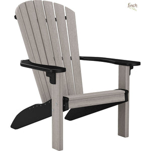 Light gray poly Adirondack chair with black arms and trim, fanned back slats and a sculpted seat