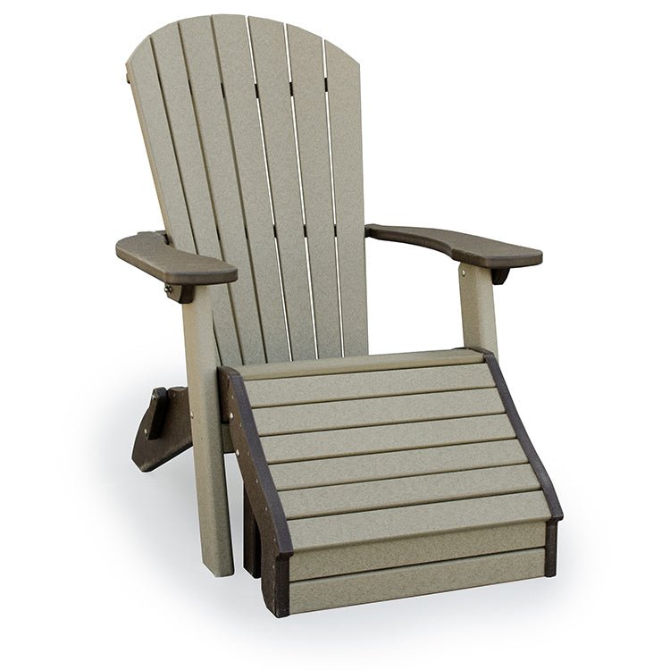 Weatherwood and brown Adirondack chair paired with a matching slatted poly ottoman footrest