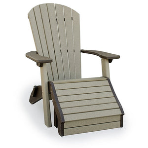 Weatherwood and brown Adirondack chair paired with a matching slatted poly ottoman footrest