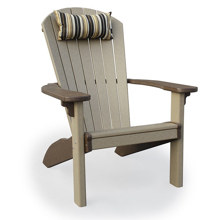 Two tone weatherwood Adirondack chair with brown arms and a striped head pillow across the back