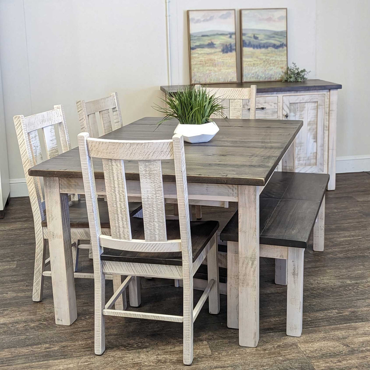 Rustic Alamo dining set with gray plank top table, four whitewashed slat-back chairs, bench and matching sideboard