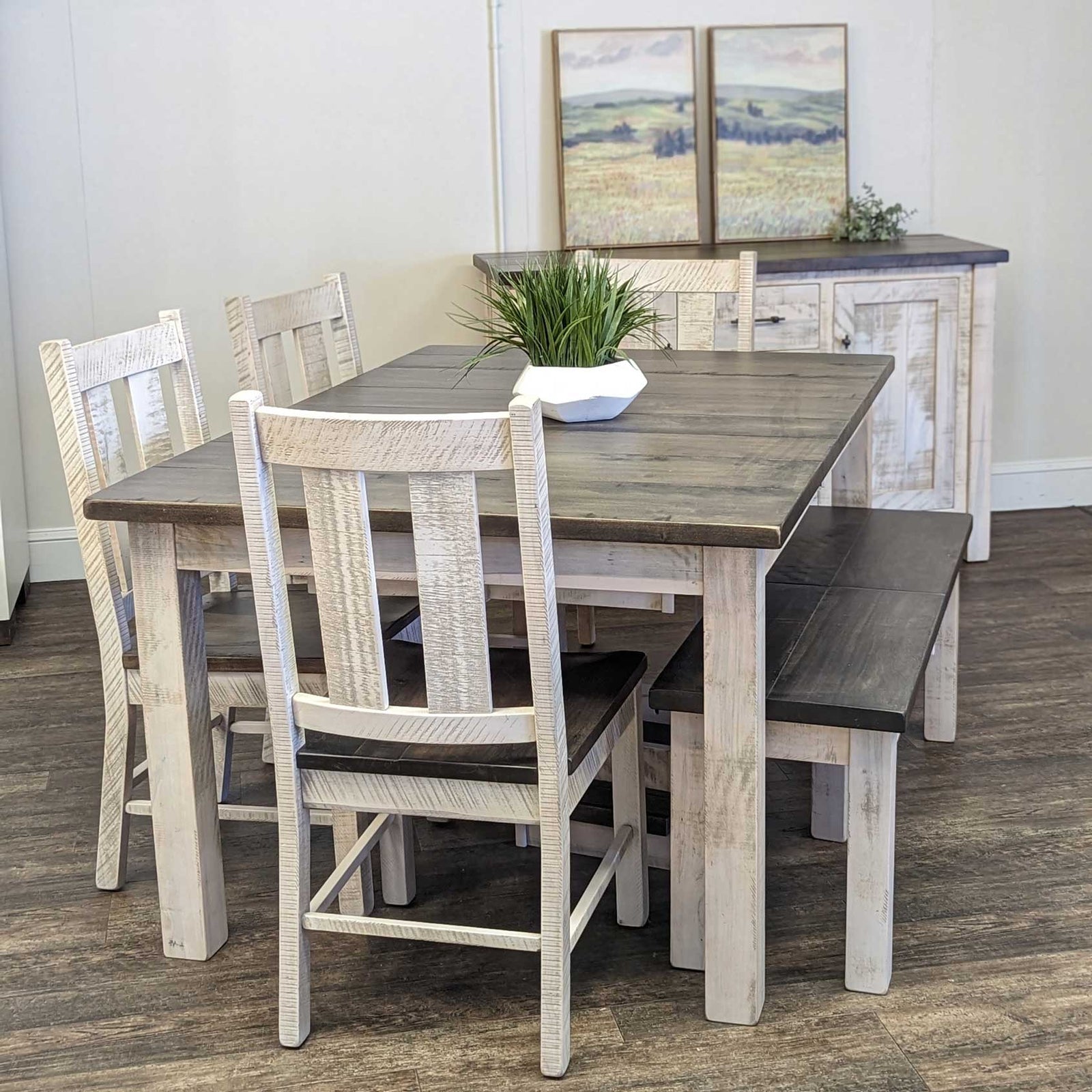 Rustic Alamo dining set with gray plank top table, four whitewashed slat-back chairs, bench and matching sideboard