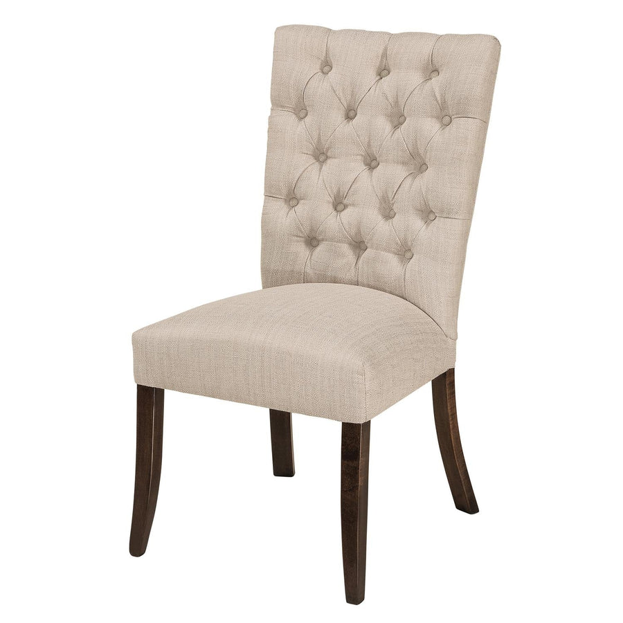 Upholstered dining chair in oatmeal linen with button tufted back panel and dark brown flared wood legs