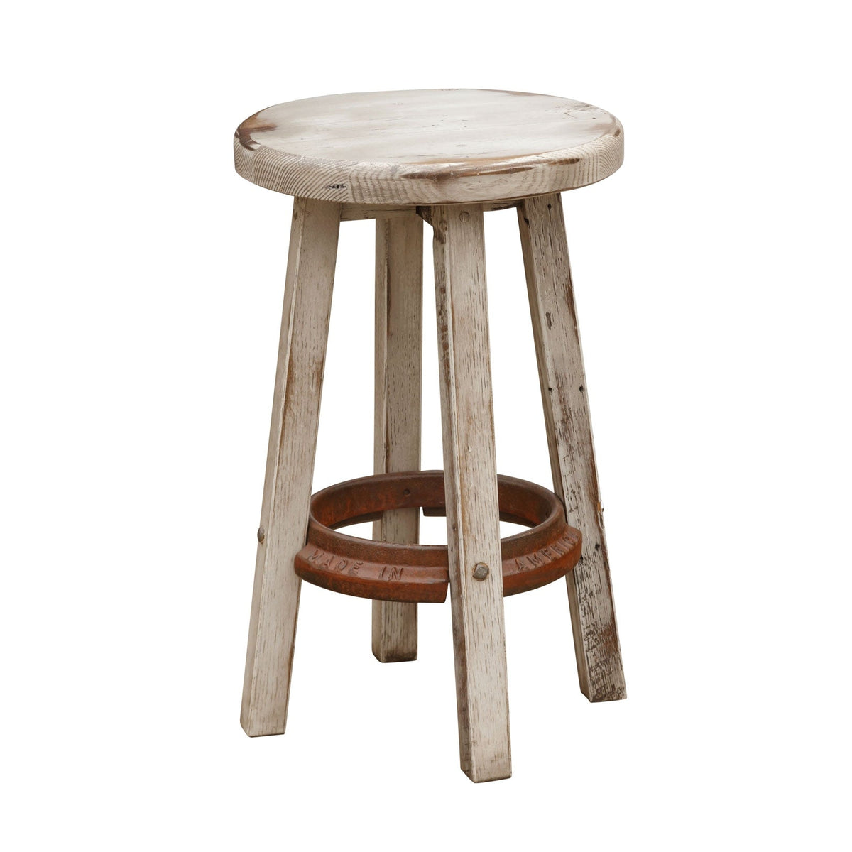 Round seat reclaimed wood bar stool with splayed whitewashed legs and a rust colored cast iron footrest ring