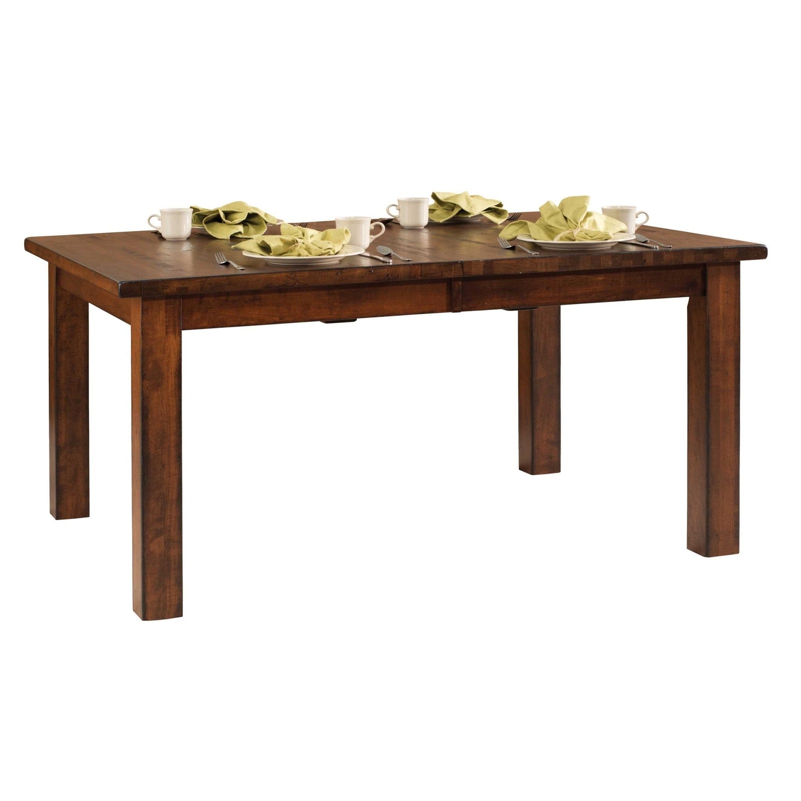 Rustic cherry leg dining table with six slat-back chairs set for a meal in a green dining room