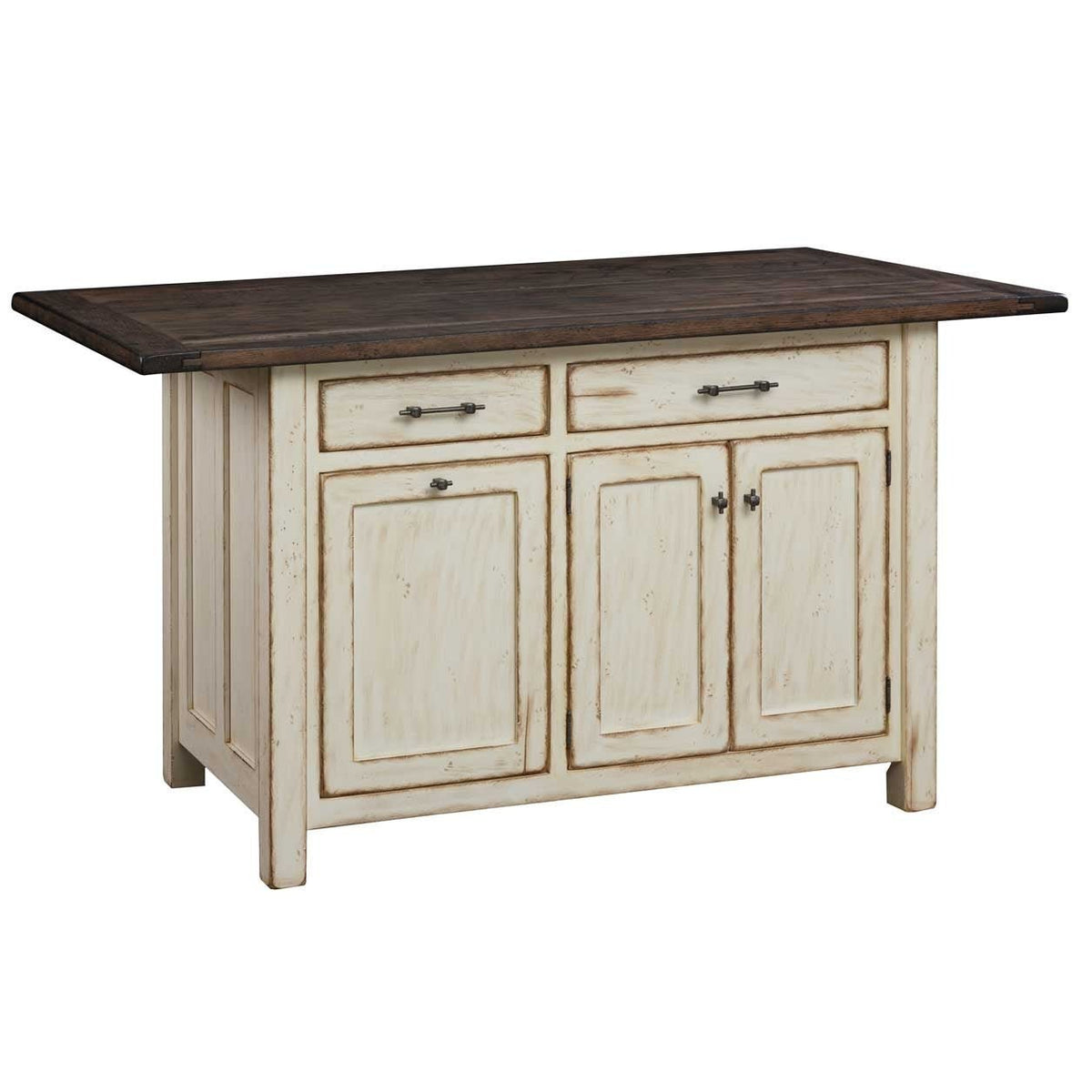 Antique white island with dark plank overhang top, two bar-pull drawers and three raised panel doors