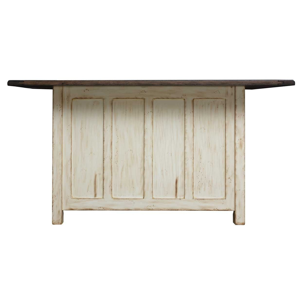 Back panel of the antique white kitchen island showing four recessed panels under an overhanging dark top