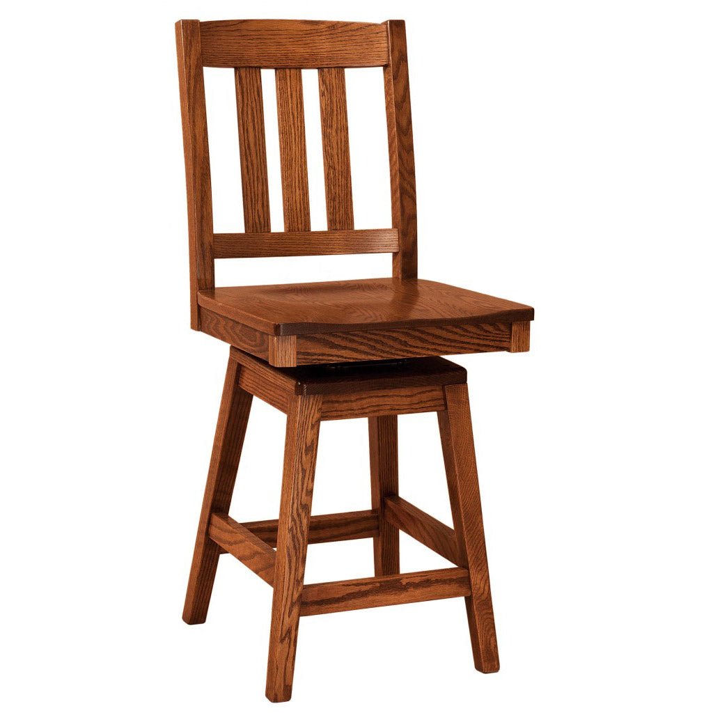 Medium oak swivel counter stool showing the swivel seat mechanism, slat back and angled legs on white