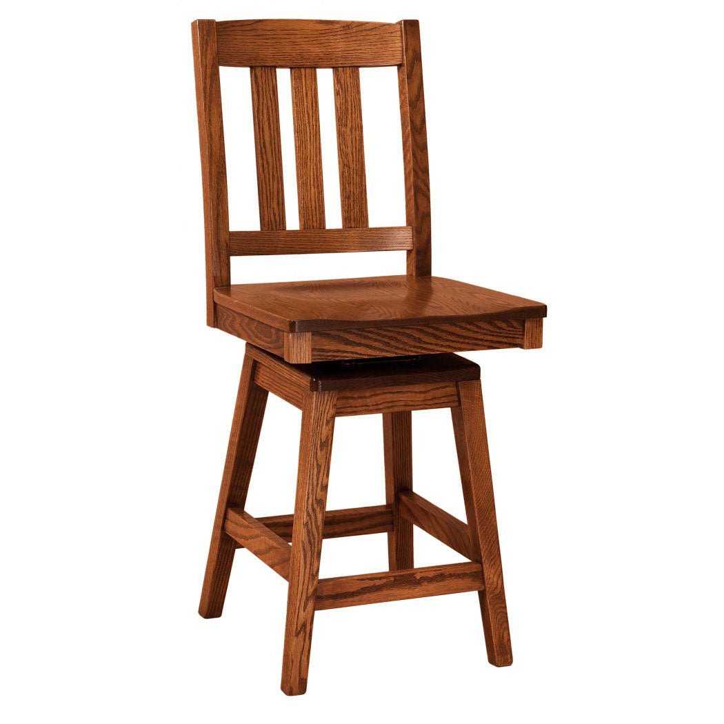 Oak swivel bar stool with three-slat back, contoured wood seat and splayed legs with foot rails