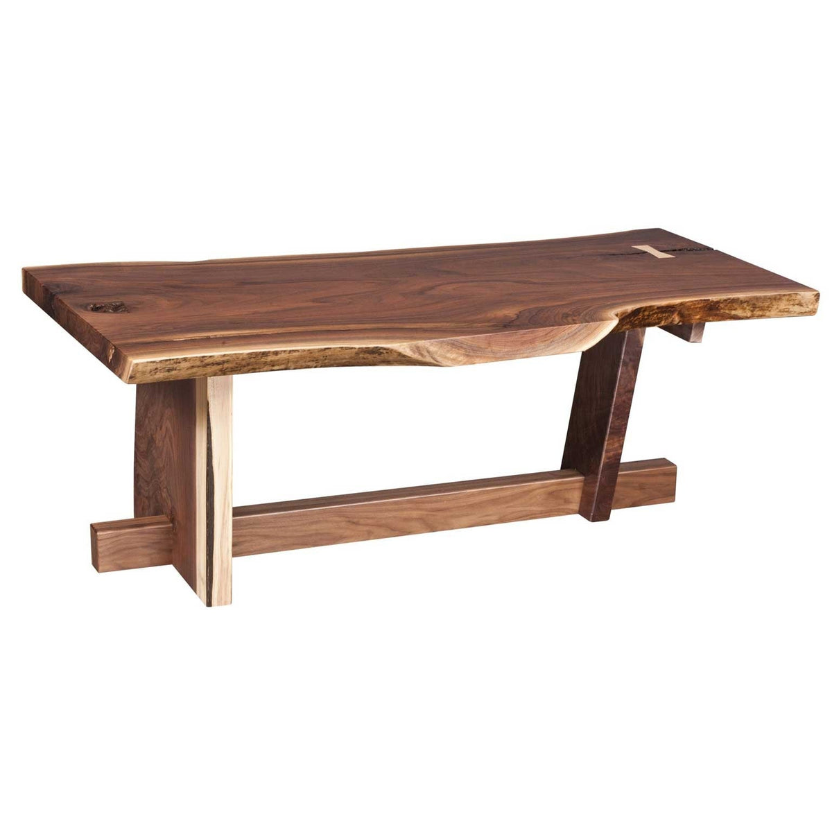 Live edge walnut coffee table with a butterfly key inlay on an architectural wood plank base with stretcher