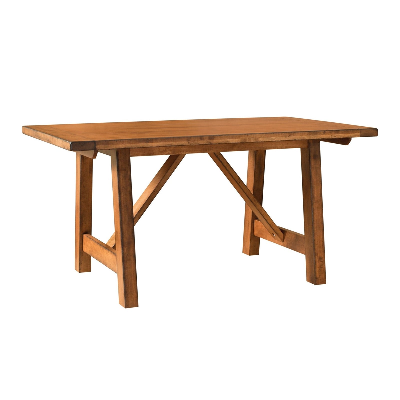 Aspen counter height trestle table in warm oak with six matching stools set with yellow flowers and mugs