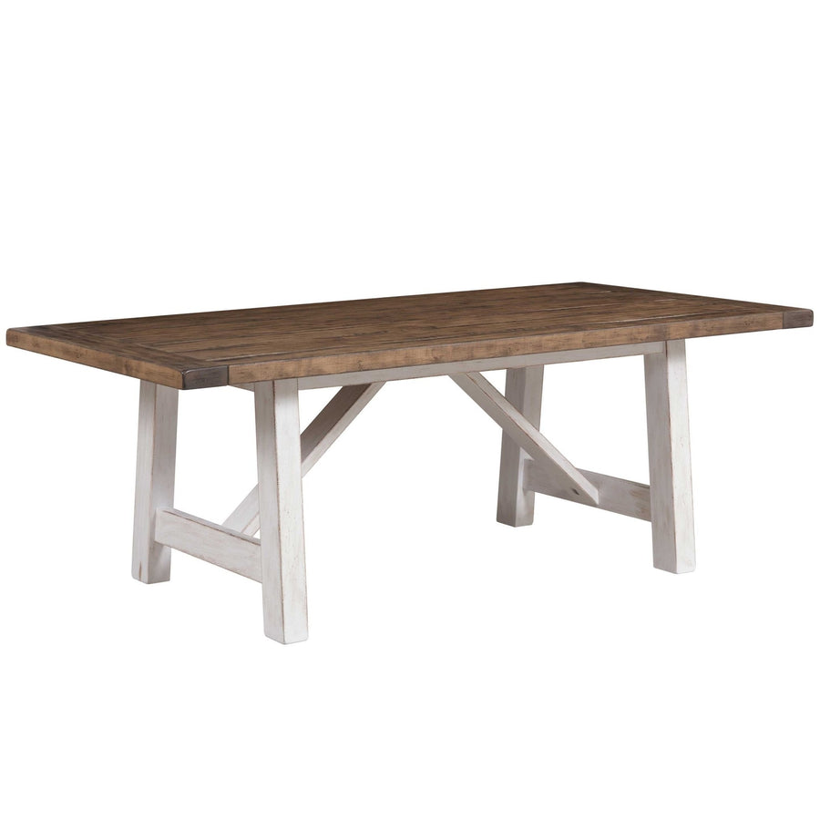 Aspen trestle dining table with weathered brown plank top and distressed white A-frame trestle base