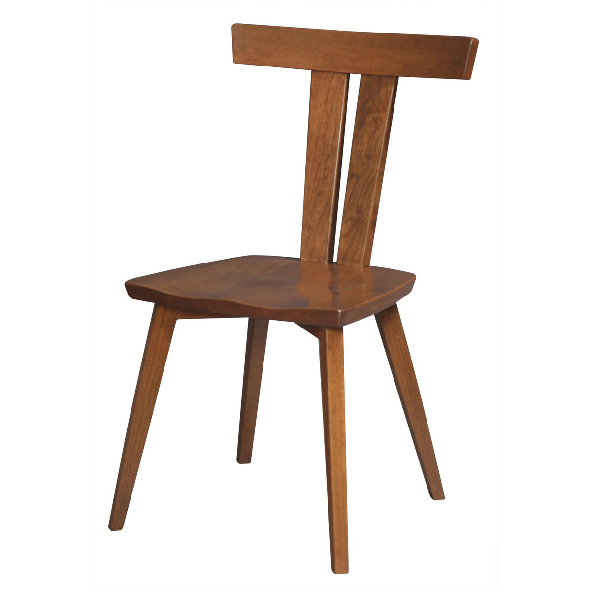 Astoria mid century modern side chair in cherry with a wide T crest rail, scooped seat and tapered legs