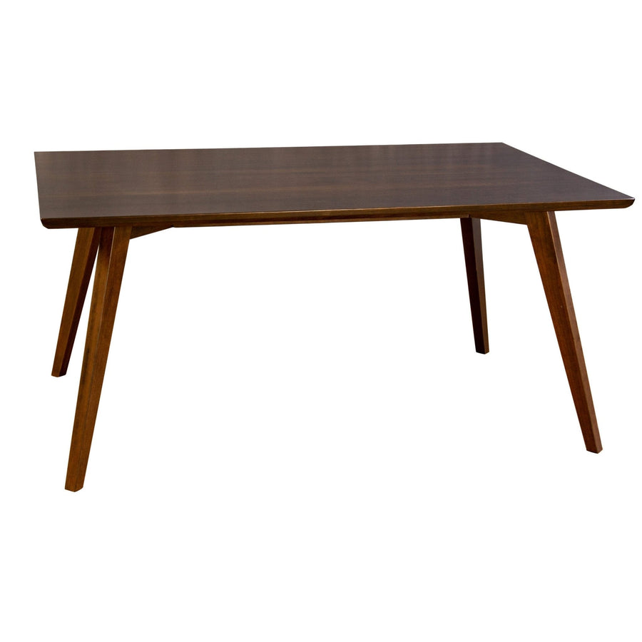 Mid century modern rectangular dining table in walnut with a chamfered top edge and splayed angled legs