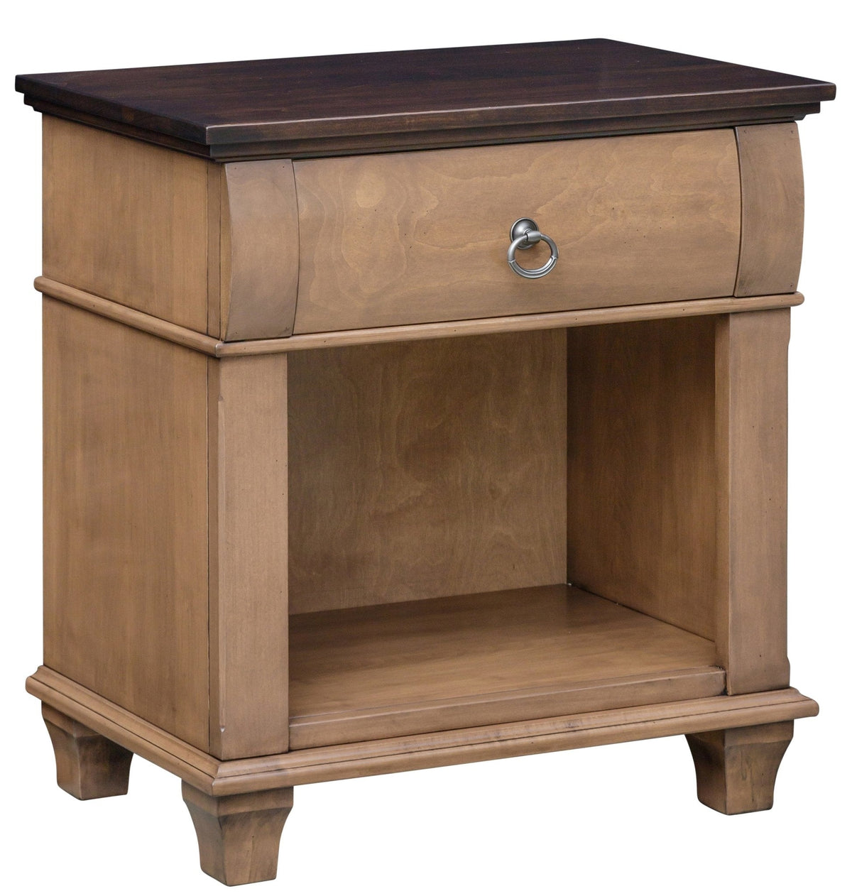 Light almond nightstand with a dark walnut top, one bowed drawer with a ring pull and an open shelf on tapered feet