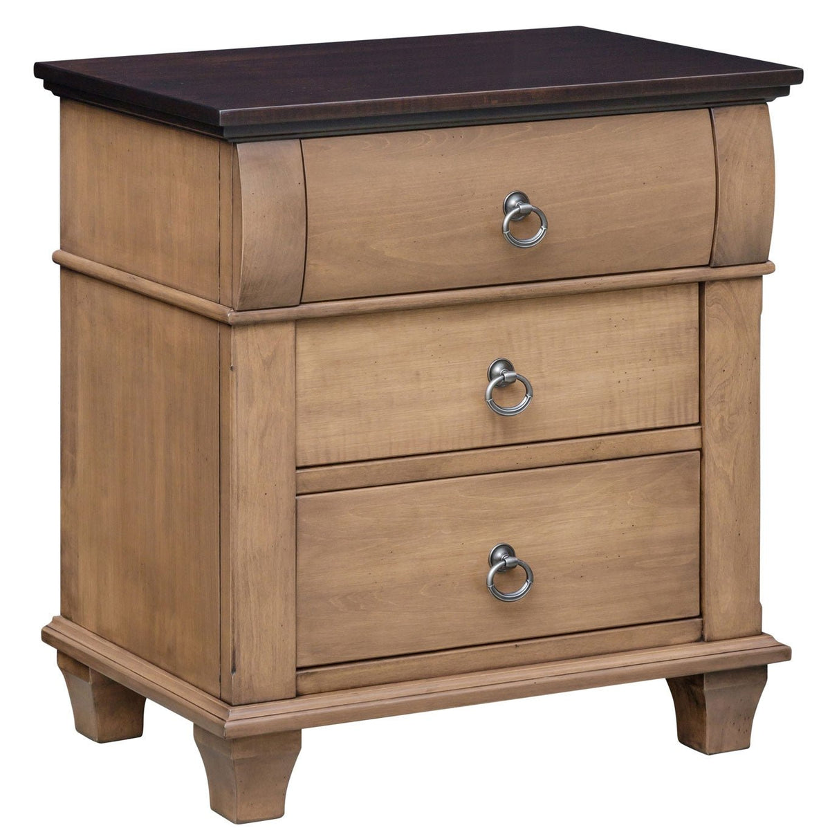Three drawer bedside chest in a light almond finish with a dark walnut top, ring pulls and shaped tapered feet