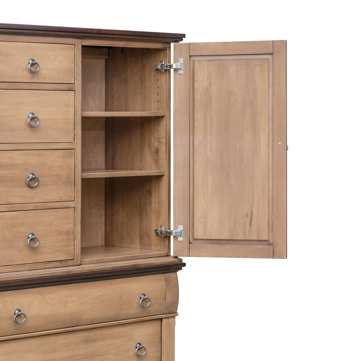 Open armoire door revealing adjustable shelving next to a bank of four small drawers with ring pulls