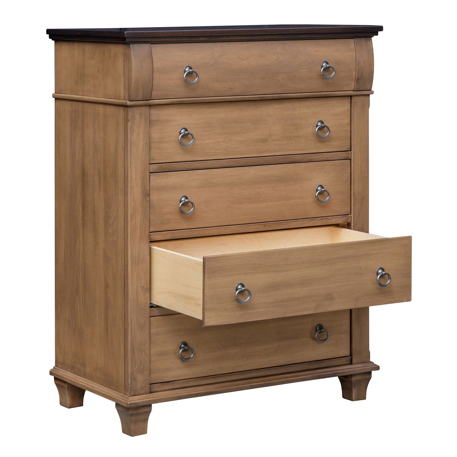 Five drawer chest of drawers in light almond with a dark walnut top, bowed top drawer and antique pewter ring pulls
