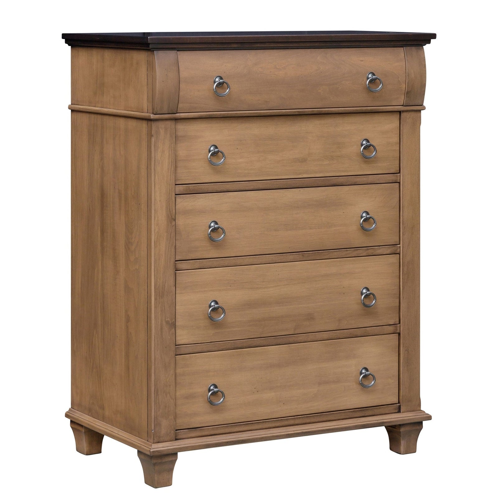 Five drawer chest of drawers in light almond with a dark walnut top, bowed top drawer and antique pewter ring pulls