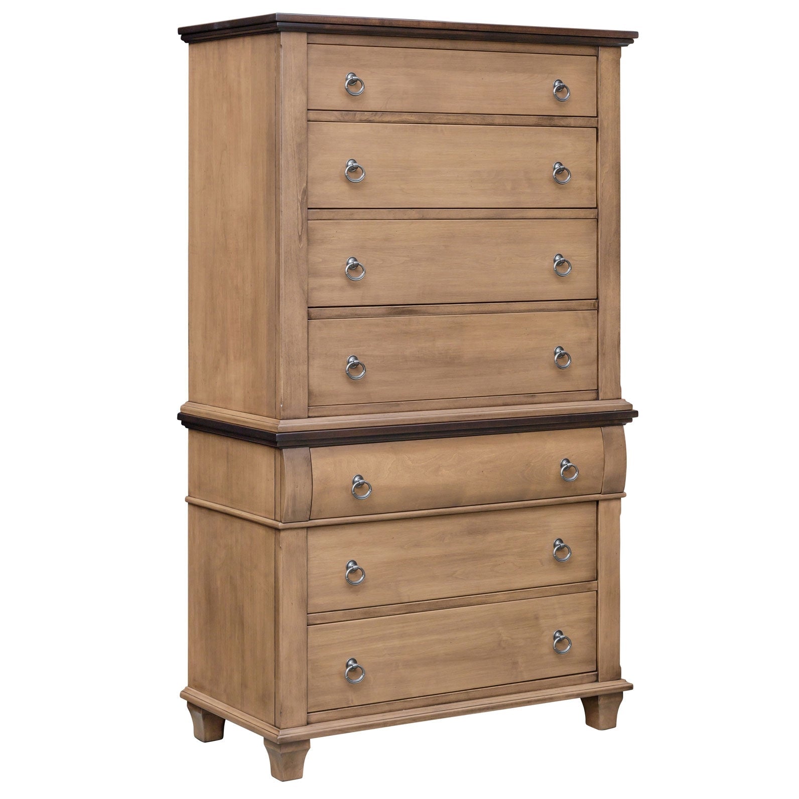 Tall seven drawer armoire chest in light almond with a dark walnut top, stacked drawers and pewter ring pulls