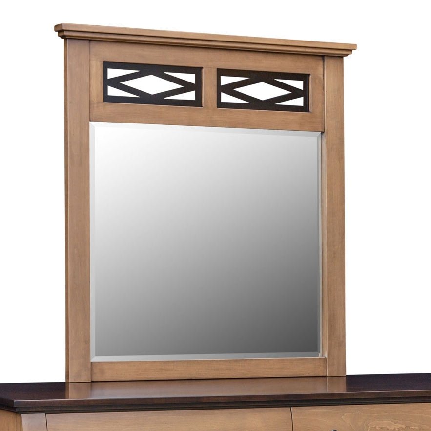 Landscape dresser mirror in a light almond frame with black diamond iron lattice panels across the top rail