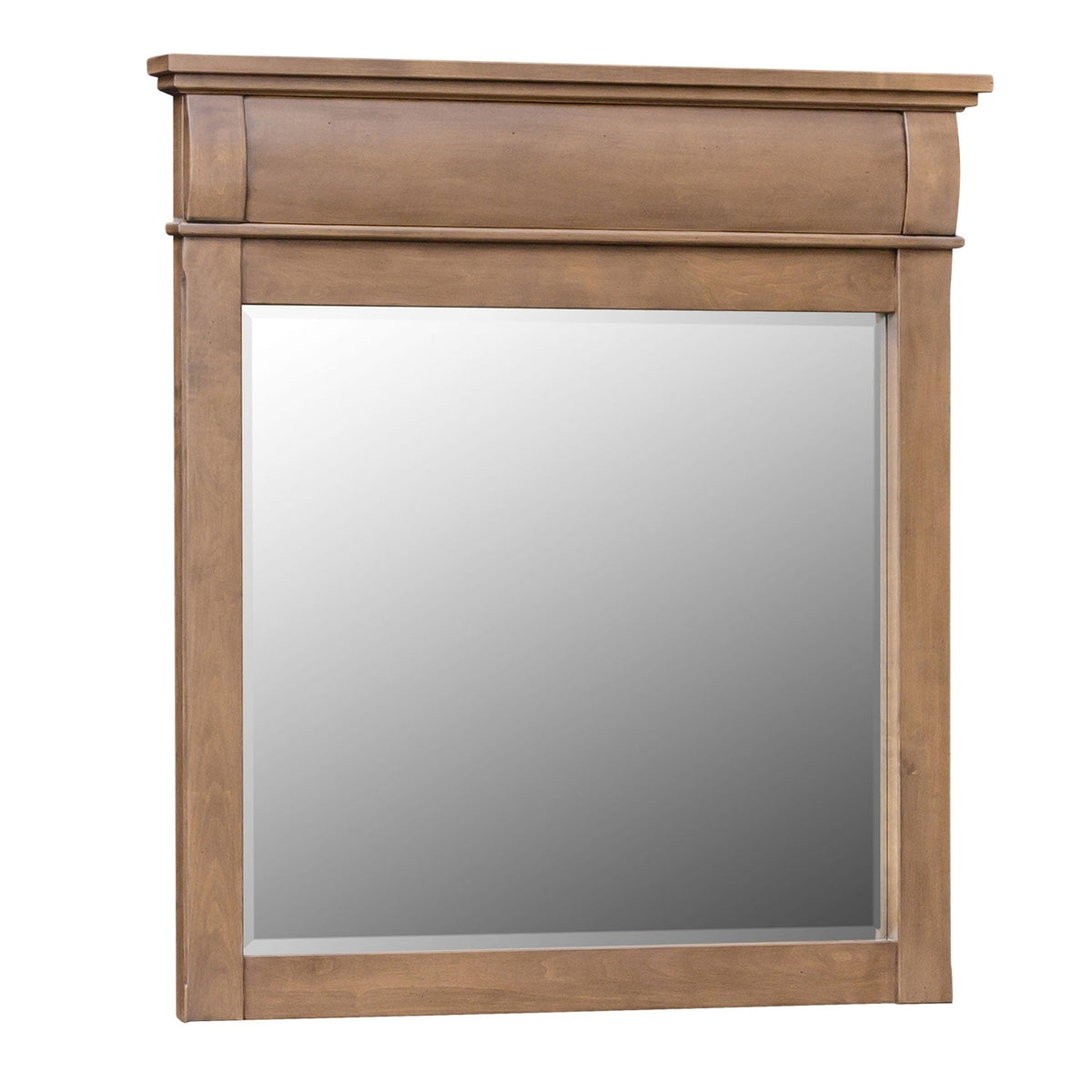 Rectangular bedroom mirror in a light almond frame topped by a curved bowed crown molding, shown at an angle