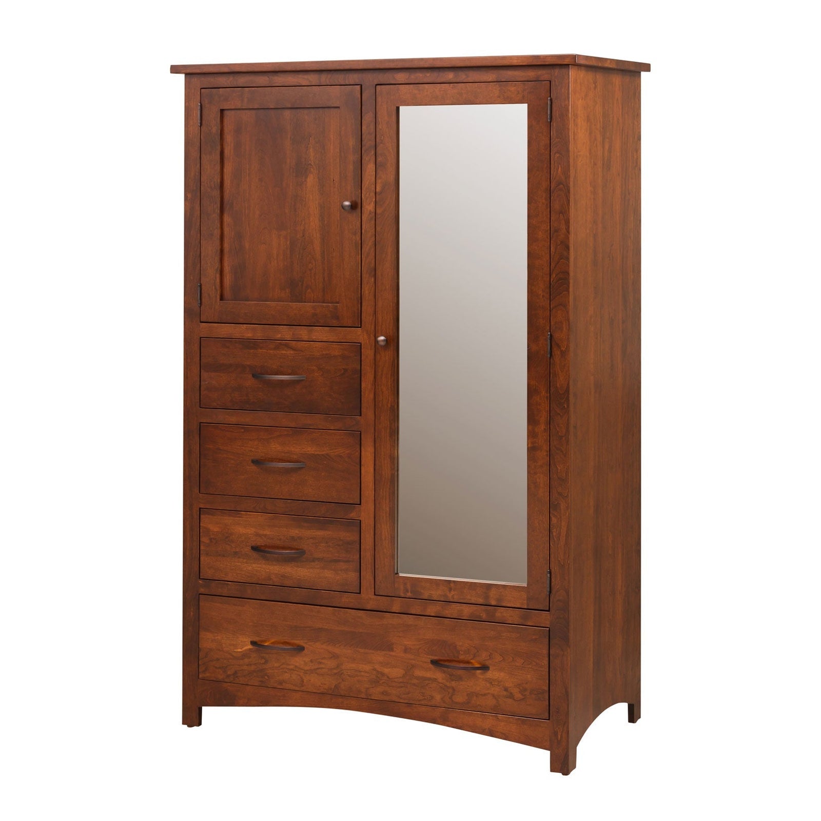 Cherry chiffonier with a mirrored door, upper panel door, four drawers and a wide bottom drawer beside a nightstand