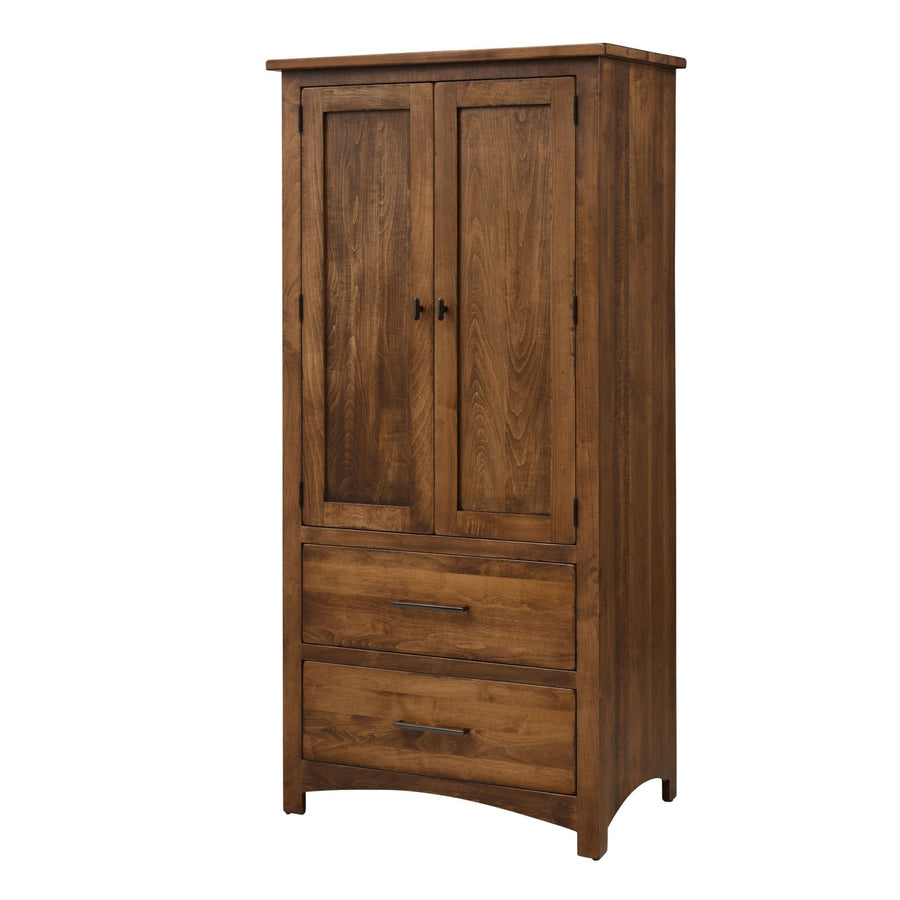 Warm cherry two-door armoire with paneled doors, two deep drawers with bar pulls and an arched base