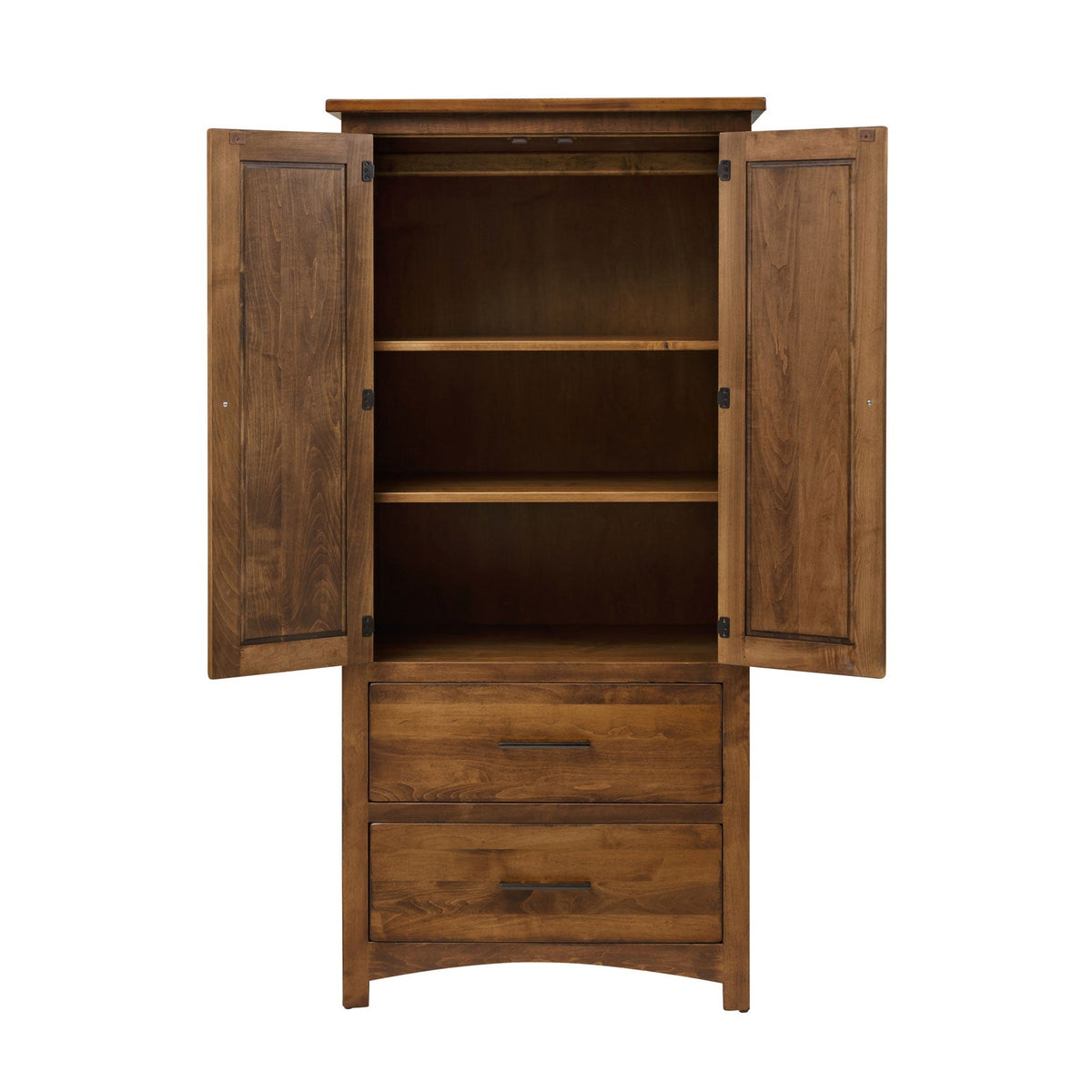 Bedroom armoire with both doors open showing two adjustable shelves above two bottom drawers