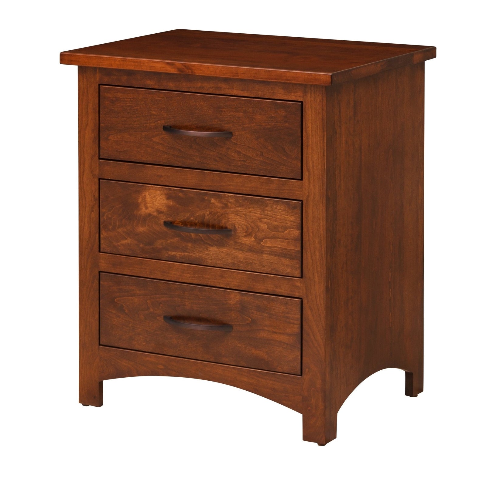Cherry three-drawer nightstand with bar pulls beside a sleigh bed and a blue lamp in a carpeted bedroom