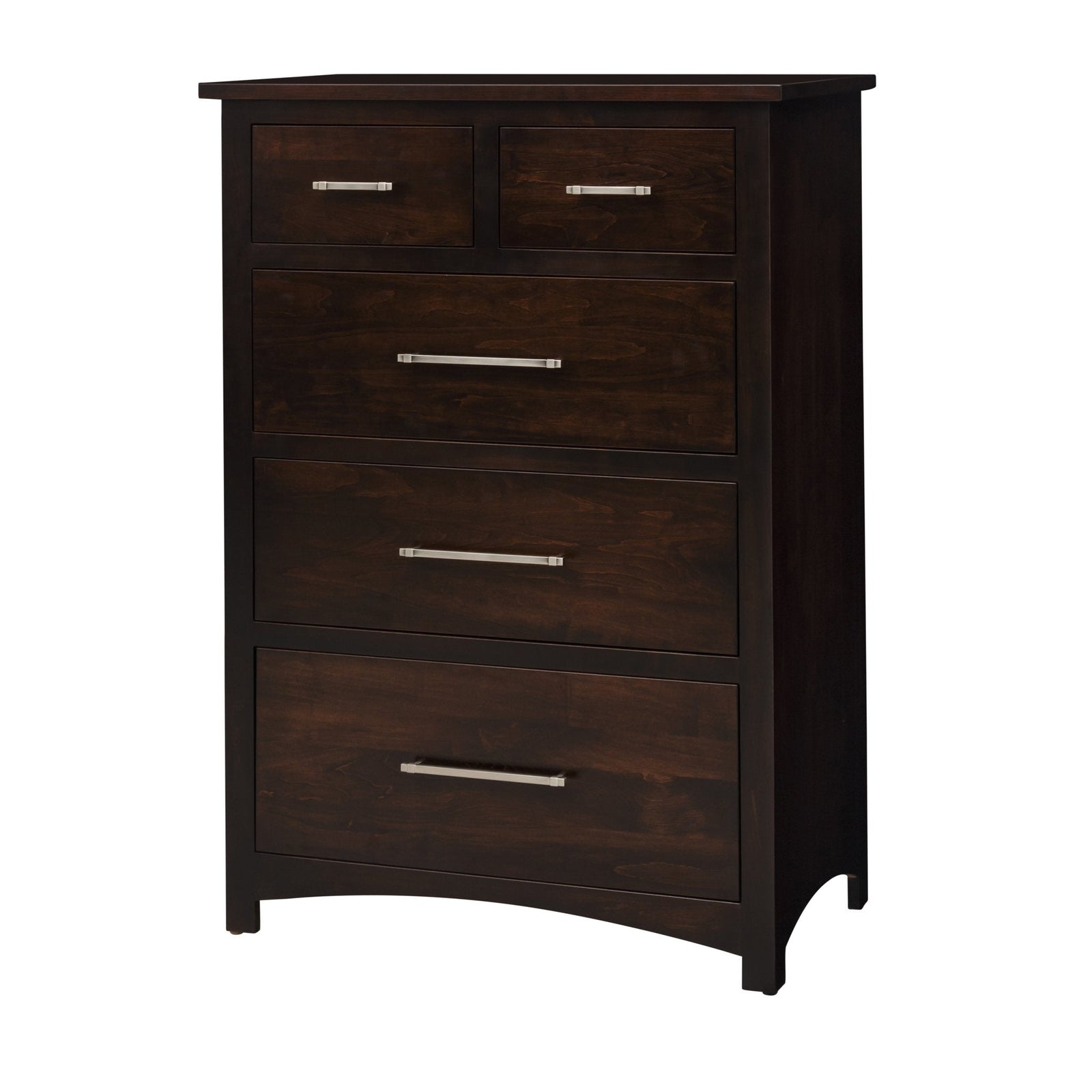 Espresso five drawer chest of drawers with silver bar pulls beside a bed and matching dresser by tall windows