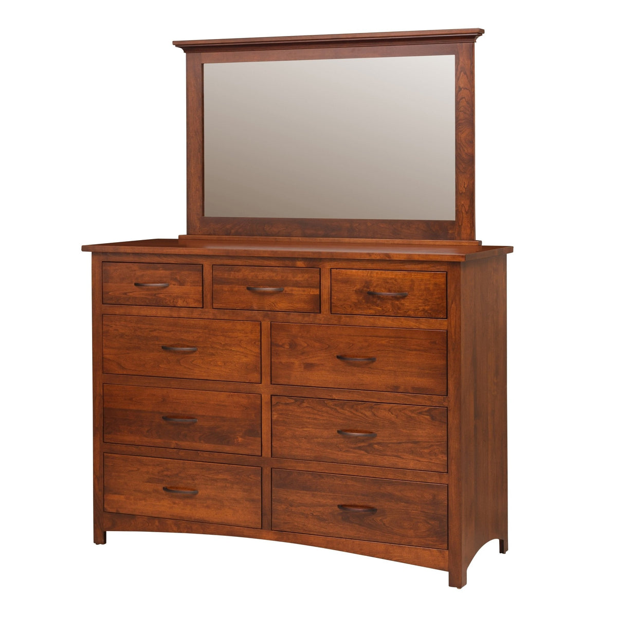 Cherry nine drawer dresser with a large rectangular mirror, arched bronze pulls and a curved base apron
