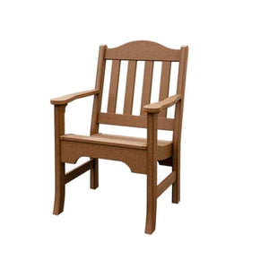 Cedar brown poly garden chair with an arched slatted back, flared arms and shaped seat on white