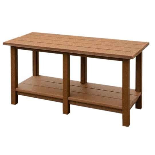 Cedar colored poly outdoor coffee table with a slatted top and full length lower shelf on white
