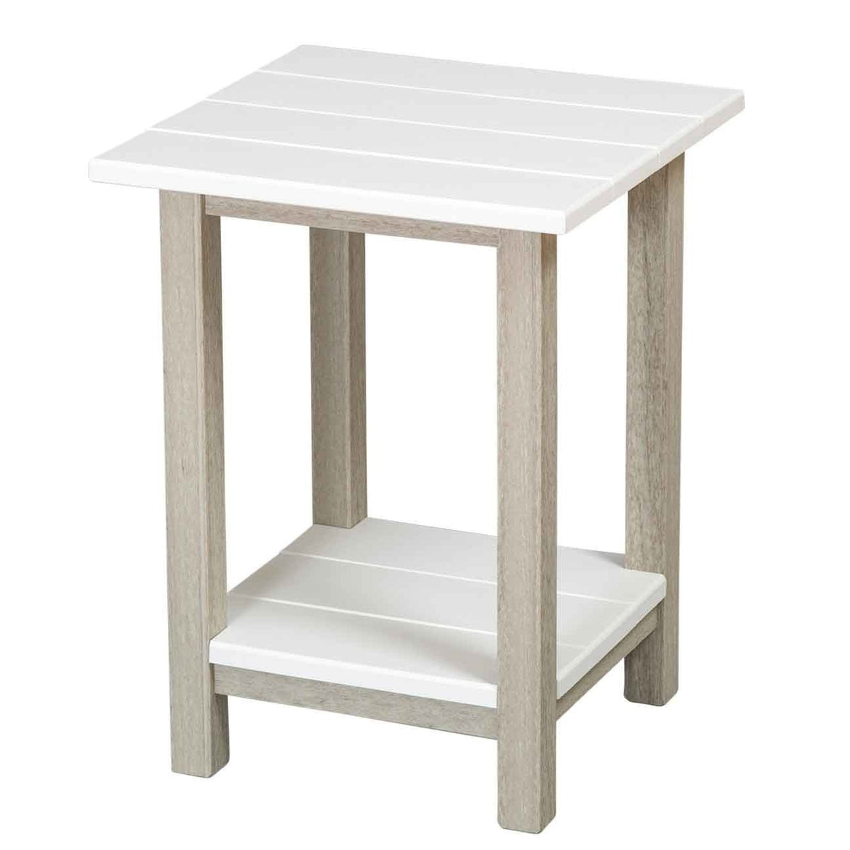 Two tone side table with a white slat top and shelf on driftwood gray legs, on a white background
