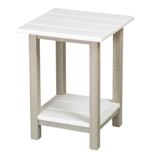 Two tone side table with a white slat top and shelf on driftwood gray legs, on a white background