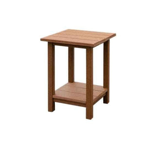Square cedar poly patio end table with a slatted top and matching lower storage shelf on white